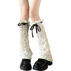 1 paar gebreide beenwarmers - Kniehoge, uitlopende sokken met trekkoord en ruches aan de boorden - Comfortabel en veelzijdig - voor meisjes en vrouwen - Wit