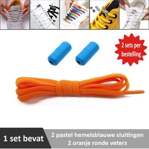 2 paar oranje ronde elastische veters met pastel hemelsblauwe sluitingen. Je hoeft voortaan nooit meer je veters te strikken