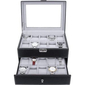 XXL Luxe Horlogedoos Met Kussentjes - Horloge Opbergbox Houder Kist - Opbergkist Heren/Dames - Zwart Leer - 20 Horloges Compartimenten