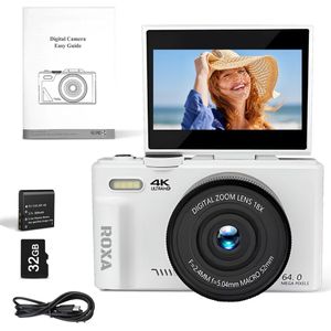 Roxa Digitale Fotocamera 48MP met WiFi & Kantelbaar Scherm – Compacte Camera met Autofocus & 32GB SD-kaart – Ideaal voor Reizen & Portretfotografie – Wit