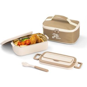 Lille Home 1000 ml Bento lunchbox voor volwassenen en kinderen, draagbare roestvrijstalen thermische Tiffin lunchbox, geïsoleerde lunchvoedselcontainer met lunchtas en keukengerei-088 (Beige)