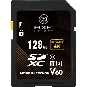 AXE MEMORY SD-Kaart 128GB V60, SDXC UHS-II U3 4K Ultra Full HD Class 10 - Professional Grade Memory Kaart met een Leessnelheid tot 245 MB/s en Schijfsnelheid tot 100 MB/s