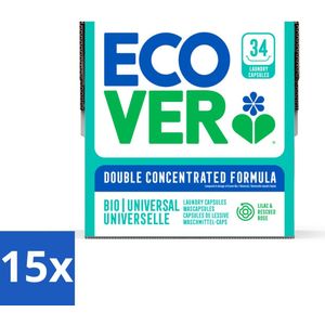15 x Ecover - Waspods - Universeel - Geconcentreerde formule - 34 wasbeurten - Ecover Wascapsules - Duurzame Wasmiddelen - Geconcentreerde Waspods - Wasmiddel Bij Lage Temperatuur - Natuurlijke Wasmiddelen
