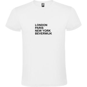 Wit T-shirt 'LONDON, PARIS, NEW YORK, BEVERWIJK' Zwart Maat XS