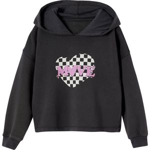 Vertbaudet - Korte Sportieve Meisjessweater - Grijs - Gevoerde Capuchon, Dambordmotief