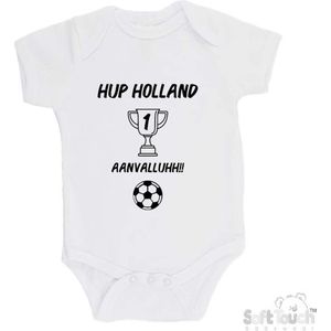 100% katoenen Romper ""Hup Holland AANVALLUHH!!"" EK Voetbal Europees Kampioen Kampioenschap Oranje Unisex Katoen Wit/zwart Maat 68/74