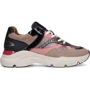 Manfield - Dames - Beige leren sneakers met roze details en print - Maat 37