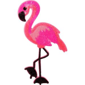 Flamingo Paillette XL Strijk Embleem Patch 14.5 cm / 25.2 cm / Roze Zwart