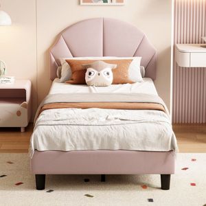 Gestoffeerd eenpersoonsbed 90x200 cm Roze - Velvet Peuterbed voor meisjes, kinderbed met verstelbaar hoofdeinde en lattenbodem, zonder matras