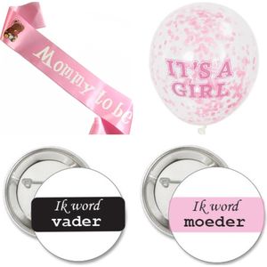 Babyshower set met buttons, sjerp en ballonnen roze met zwart - babyshower - genderreveal - sjerp - button - ballon