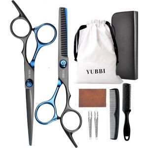 YUBBI Professionele Kappersschaar Set - 9 delig - Knipschaar - Coupeschaar - Uitdunschaar - Snijkam - Zwart Blauw