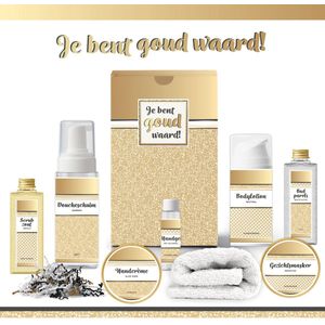Geschenkset “Je bent goud waard!” - 8 producten - 750 gram | Luxe Cadeaubox voor haar - Wellness Pakket Vrouw - Giftset Vriendin - Moeder - Cadeaupakket Collega - Cadeau Zus - Verjaardag Oma - Moederdag - Kerstpakket - Kerst Cadeau - Goud