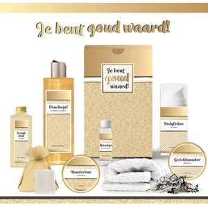 Geschenkset “Je bent goud waard!” - 8 producten - 800 gram | Cadeau Vrouw - Wellness Pakket Vrouw - Giftset Vriendin - Moeder - Cadeaupakket Collega - Cadeau Zus - Verjaardag Oma - Moederdag - Kerstpakket - Kerst Cadeau - Goud