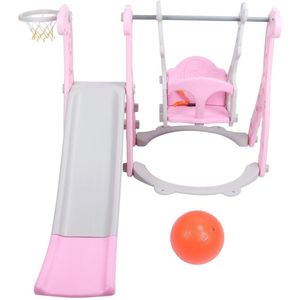Glijbaan - Kinderspeeltuin - met Basketbalring - Schommel - Opvouwbaar - voor Kinderen - van 1-8 jaar - Veilige Trap - Speelplezier Gegarandeerd - Geschikt voor Binnen - Buiten - Tuin - 155 x 135 x 105 cm - Roze