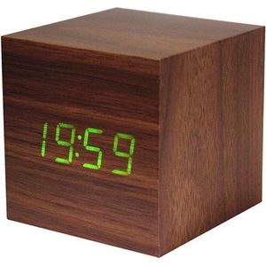 Gingko Cube click clock Alarmklok - Walnoot/LED Groen