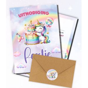 Uitnodiging kinderfeestje + Enveloppen & Sluitstickers - Unicorn- Voordeelset 20 stuks - Uitnodiging verjaardag - Jongen of meisje - uitnodigingskaarten + kraft envelop - Verjaardag Feest