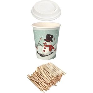 100 x Kerst Kartonnen Koffiebeker 8oz 240 ml en witte deksels en Roerstaafjes Drinkbekers Karton - wegwerp papieren bekers - drank bekers glühweinbeker kartonnen drinkbeker voor kerstmarkt met sneeuwpop