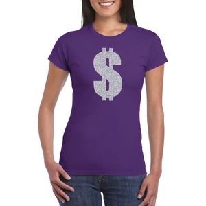 Zilveren dollar / Gangster verkleed t-shirt / kleding - paars - voor dames - Verkleedkleding / carnaval / outfit / gangsters XS