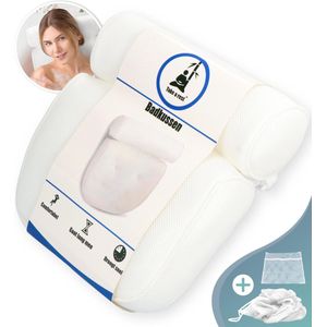 Take a rest Luxe Home Spa Badkussen met zuignappen + Waszak en Bad Spons - Extra zacht - Voor Nek en Rug - Kussen voor in Bad - Antislip - Wit - Orthopedisch Hoofd Steun voor In Bad