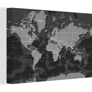 Canvas Wereldkaart - 120x80 - Wanddecoratie Abstracte wereldkaart met donkere schaduwen - zwart wit