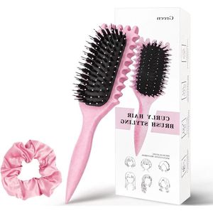 Krulborstel in roze kleur met scrunchies - ideale haarborstel om krullen te kammen en vormen - vermindert pluizigheid - 1 stuk.