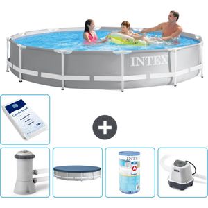 Intex Rond Prism Frame Zwembad - 366 x 76 cm - Grijs - Inclusief Pomp Afdekzeil - Filter - Zoutwatersysteem - Zwembadzout