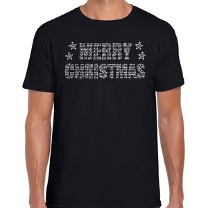 Glitter kerst t-shirt zwart Merry Christmas glitter steentjes/ rhinestones voor heren - Glitter kerst shirt/ outfit M