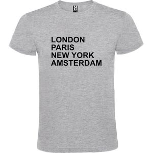 Grijs T-shirt 'LONDON, PARIS, NEW YORK, AMSTERDAM' Zwart Maat XS