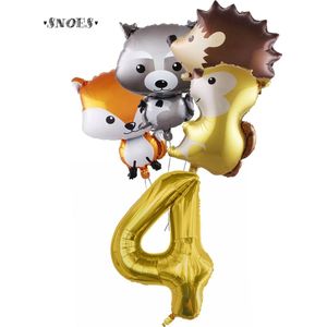 Snoes Ballonnen - Gouden Cijferballon 4 Jaar Set Bosdieren – Dieren Feestpakket - Kinderverjaardag