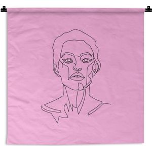 Wandkleed Line-art Vrouwengezicht - 13 - Illustratie vrouw met kort haar op een roze achtergrond Wandkleed katoen 180x180 cm - Wandtapijt met foto