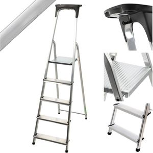 Huishoudtrap 5 Treden - Keukentrapje Basic Inklapbaar - Keukentrap – Trapladder - Opstapje – Vouwladder – Ladders – Keukentrap - Aluminium