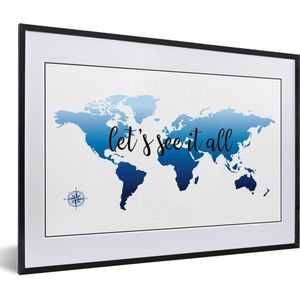 Fotolijst incl. Poster - Wereldkaart - Blauw - Kompas - 60x40 cm - Posterlijst