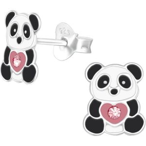 Joy|S - Zilveren panda oorbellen met hartje - 7 x 9 mm - roze kristal