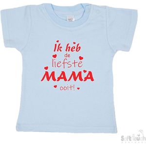 Soft Touch T-shirt Shirtje Korte mouw ""Ik heb de liefste mama ooit!"" Unisex Katoen Blauw/rood Maat 62/68