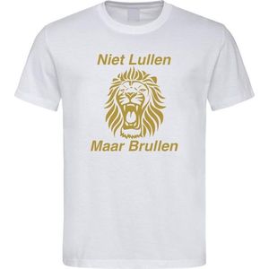 Wit WK 2022 voetbal T-shirt met “ Niet Lullen Maar Brullen “ print goud maat XL