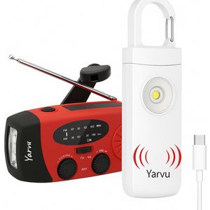 Yarvu ® - 6 IN 1 Noodradio + Persoonlijke Alarm - 3 LED Zaklamp - Opwindbaar + Zonneenergie + Nood Radio Op ingebouwde Batterijen ( Accu ) - Solar Noodpakket - Voor Rampen - Draagbare - FM AM Rood