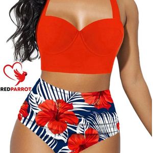 Bikini Dames 2-delig – Bloem Print – High Waist – Rood – Trendy Set - Mode