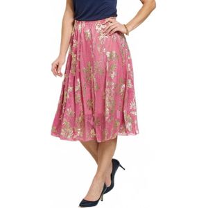 Wijde rok tot halverwege de lengte met gouden lofwerkprint