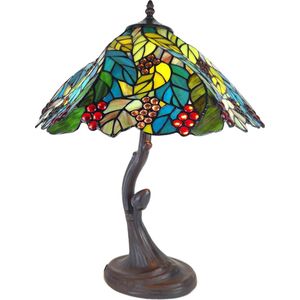 LumiLamp Tiffany Tafellamp Ø 43x54 cm Groen Kunststof Glas Bladeren Tiffany Bureaulamp