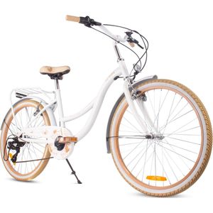 Flower Bike Kinderfiets 24 inch meisjes van 8 tot 12 jaar, Beige en wit, Fiets voor een meisje met 7 versnellingen, bagagedrager, metalen spatborden, V-brake, kettingkast