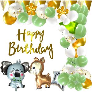 Ballonnen boog Knuffeldieren Olijfgroen - 65 Stuks - Groen - Goud - Ballonboog - Wit - Versiering Verjaardag - Ballonnen boog Verjaardag - Dieren Folie Ballonnen - Happy Birthday Slinger - Fienosa - Bosdieren - Hert en Koala Ballon