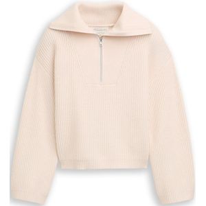 Tom Tailor - Gebreide Trui - Soft Cream Beige - Kort - Met Rits en Colkraag