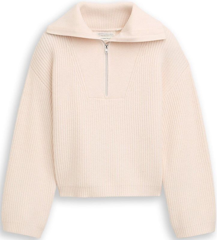 Tom Tailor - Gebreide Trui - Soft Cream Beige - Kort met Rits en Colkraag