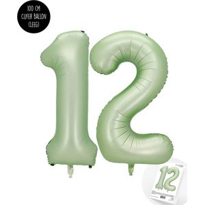 Cijfer Helium Folie Ballon XXL - 12 jaar cijfer - Olive - Groen - Satijn - Nude - 100 cm - leeftijd 12 jaar feestartikelen verjaardag