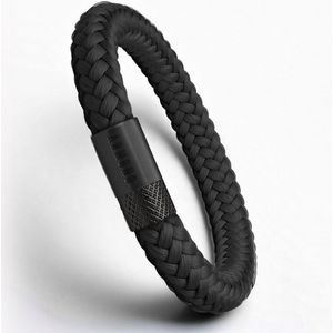 ARMBND® Heren armband - BANNER KLAAR MEE - - Zwart Touw met Zwart Staal - Armand heren - Maat M/L - 22 cm lang - The original - Touw armband