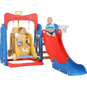 BellissiBo® Kinderglijbaan - Peuterglijbaan - 3-in-1 - Schommel - Blauw/Rood/Geel - Basketbalring - Binnen & Buiten - 1-6 jaar