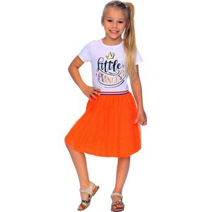 Oranje Meisjes T-shirt Jurk - T-shirtjurk - Little Princess - Voor o.a. Koningsdag - Holland - Maat: 122/128 - 7 tot 8 jaar