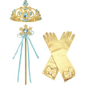 Het Betere Merk - Prinsessen Speelgoed - Prinses Kroon (Tiara) - Toverstaf - Prinsessen Handschoenen - Voor bij je Verkleedkleding - Blauw - Goud