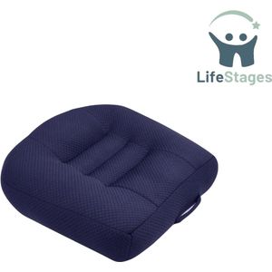 LifeStages - Stoelverhoger Voor Auto - Stoelkussen voor in de Auto - Stoelverhoger voor Volwassenen - 3D Ademend Gaas - Antislip Zitkussen met Praktisch Handvat - Blauw