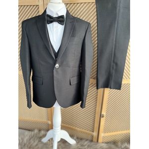 luxe jongens kostuum-zwarte jongens pak-4 delige set-blazer broek vest hemd strik-effen- zwarte klassieke blazer-vest-kostuumbroek-witte hemd-bruidsjonkers-bruiloft-feest-communie-lentefeest-verjaardag-fotoshoot- 11-12 jaar